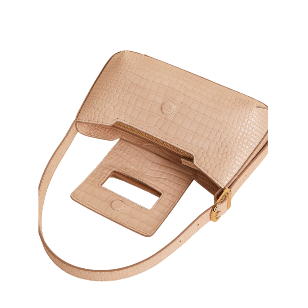 Zuddu Elegant Beige Croc-Embossed Baguette Bag
