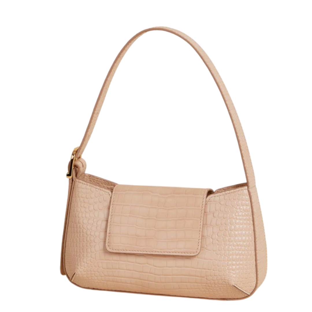 Zuddu Elegant Beige Croc-Embossed Baguette Bag